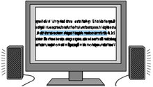 Bildschirm, auf dem ein Screen-Reader Programm zu sehen ist und neben dem zwei Lautsprecher stehen.